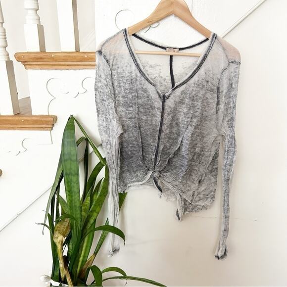 Ecote Lightweight Thermal Top Tie Front Gray White V-Neck Long Sleeve Pullover - Picture 1 of 7